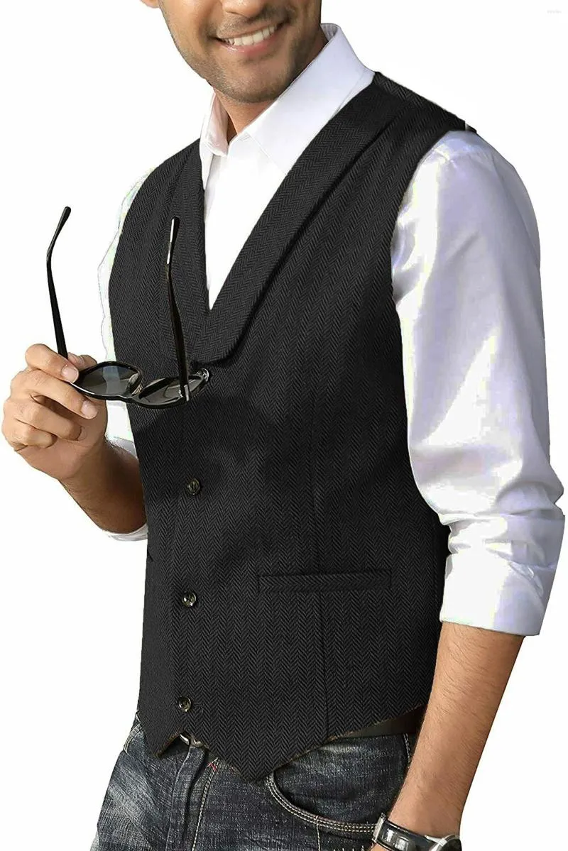 Men's Vests Herringbone Men Vest Black Shawl Lapel Wool Tweed Cloth Waistcoat For Wedding Party Dinner Work Suit