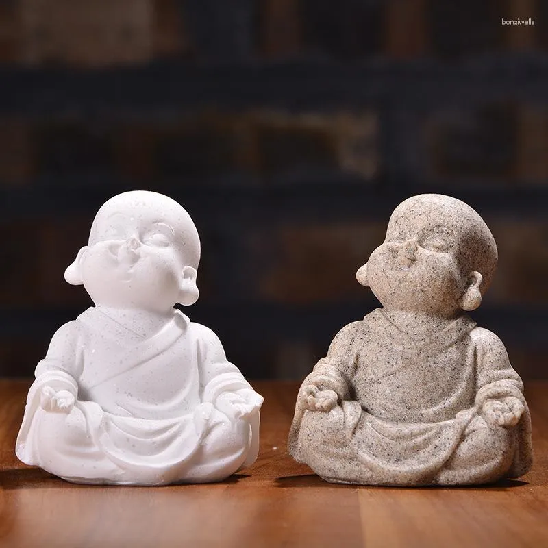 Figurines décoratives fabriquées à la main en grès mignon petit moine bouddha statue porte-bonheur Fengshui Maitreya ornement maison bureau décor thé animal de compagnie