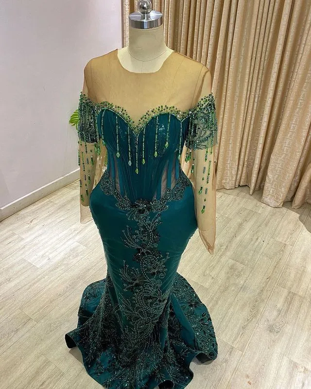 2023 ottobre Aso Ebi arabo verde scuro sirena abiti per la madre della sposa cristalli pizzo sera prom festa formale compleanno celebrità abiti per la madre dello sposo vestito ZJ306