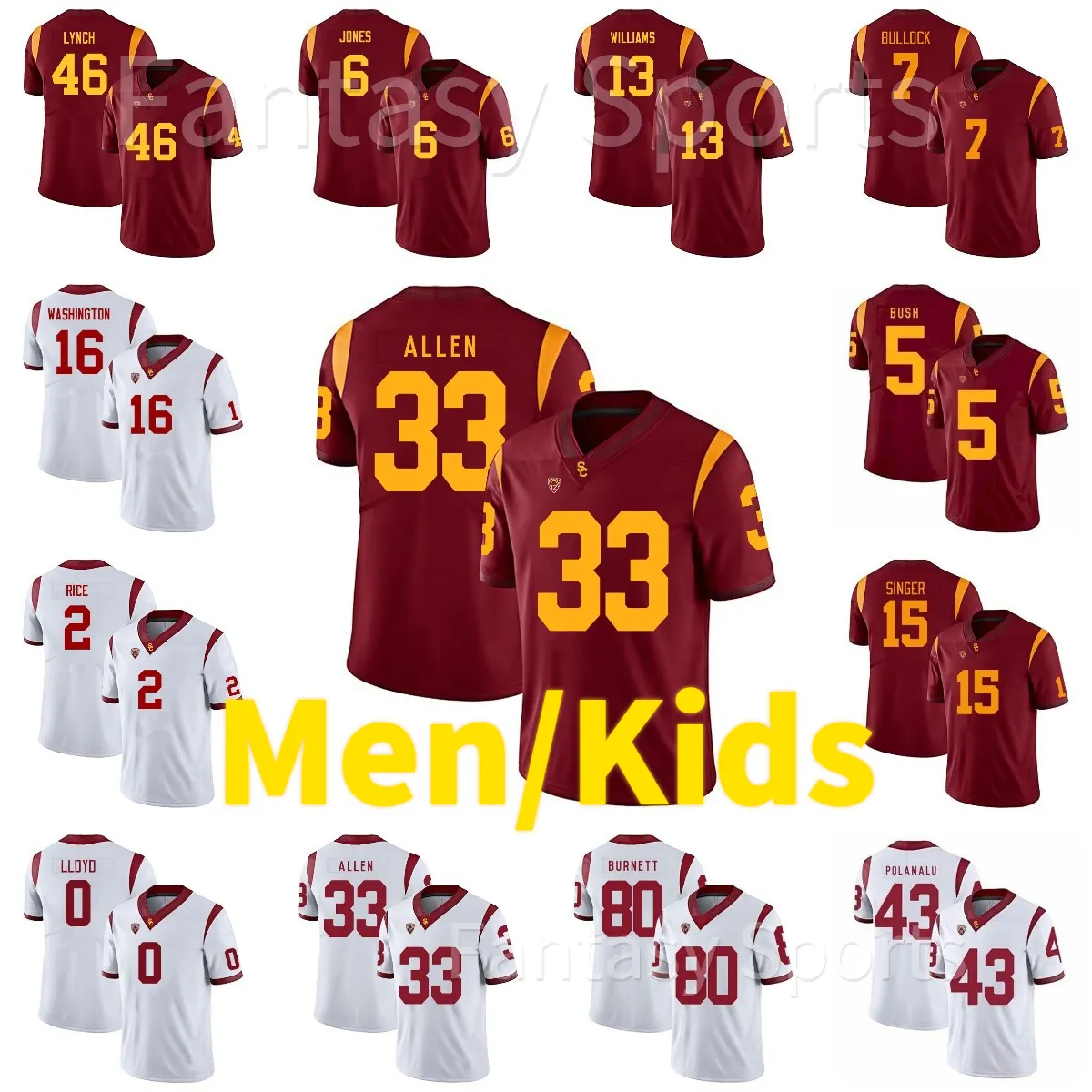 USC Trojans Futebol Jersey 33 Marcus Allen 5 Reggie Bush Troy Polamalu OJ Simpson Ronnie Lott Vermelho Branco Mens College Football Jerseys Personalizado