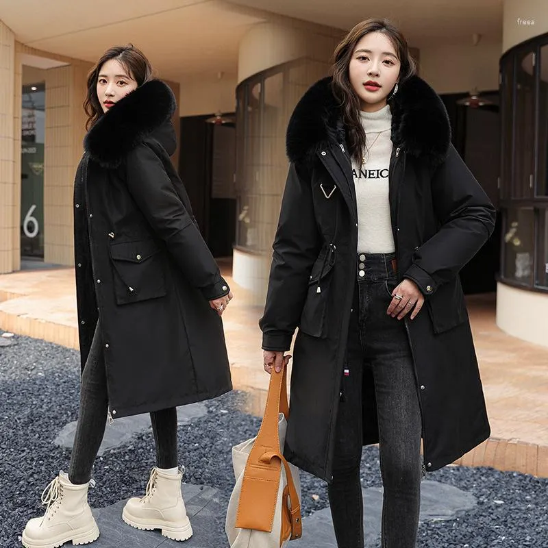 Trench da donna Giacca invernale 2023 Donna Parka Abbigliamento Cappotto lungo Fodera in lana Collo in pelliccia con cappuccio Spessore caldo staccabile Abbigliamento da neve Parka