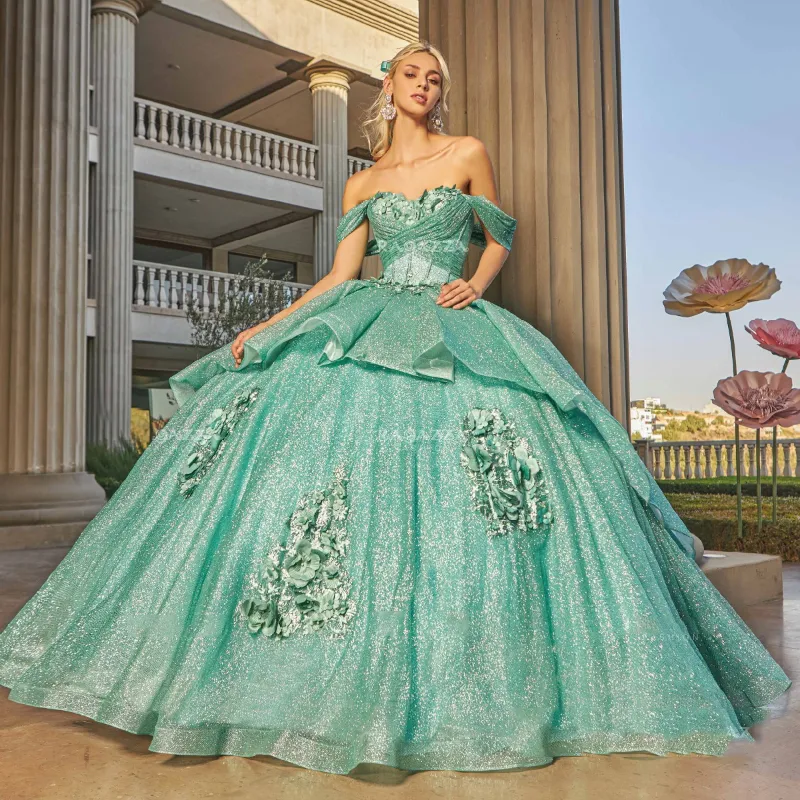 Quinceanera verde luccicante fuori spalla con appliques fiore in pizzo su abiti da ballo di laurea dolce abito da ballo Vestidos de 15 anos