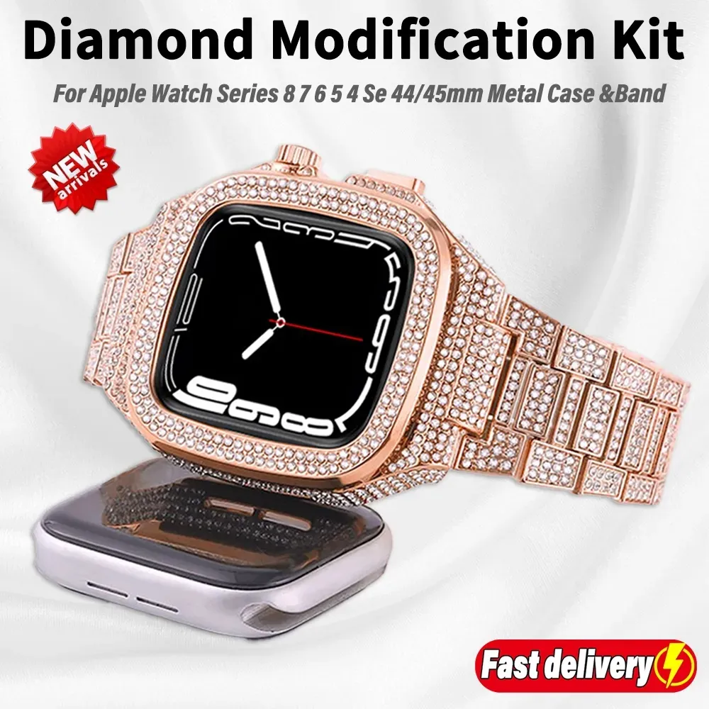 Para apple watch s9 9 banda luxo kit de modificação diamante completo 45mm 44mm caso diamante pulseira aço iwatch série 8 7 6 se 5 4 moda loop