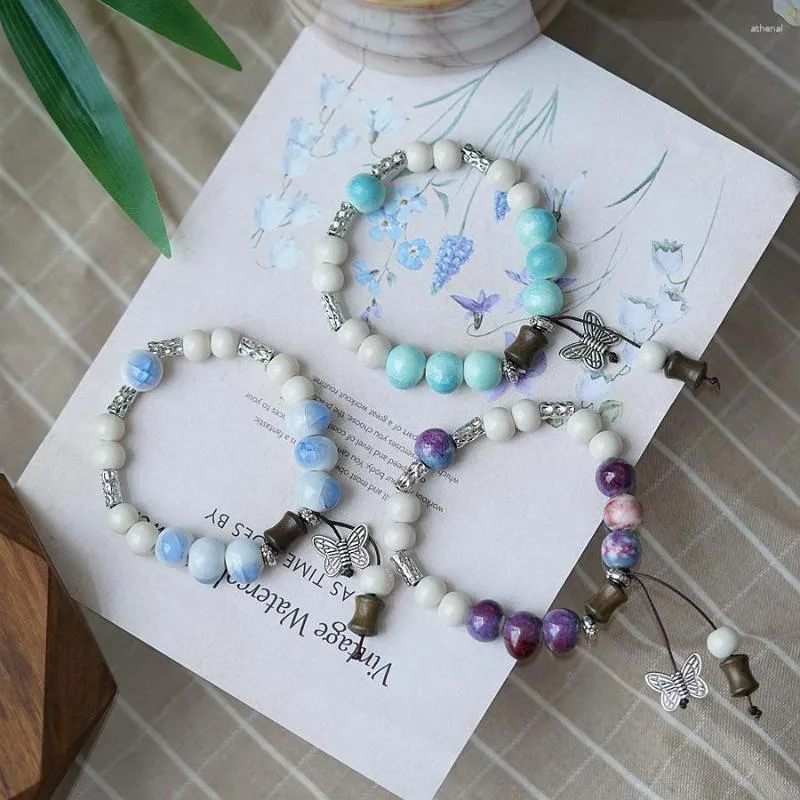 Strand Fashionable Chinese Style Butterfly Pendant Friendship Ceramic Bracelet Women Lucky Prayer Beads Bohemia Beaded Gift Jewelry