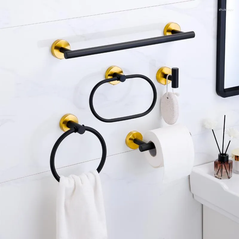 Set di accessori da bagno Supporto da parete per bagno in oro nero Portasciugamani in acciaio inossidabile Porta carta Porta accappatoio Anello Accessori da cucina