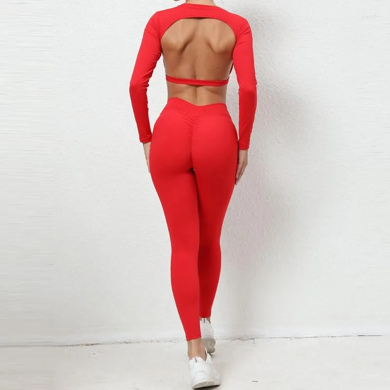 Ensembles actifs Gym Set Femmes Yoga Vêtements Entraînement Femmes Lycra Sport Outfit Pour Femme À Manches Longues Sportswear Rose Rouge Survêtement Vêtements