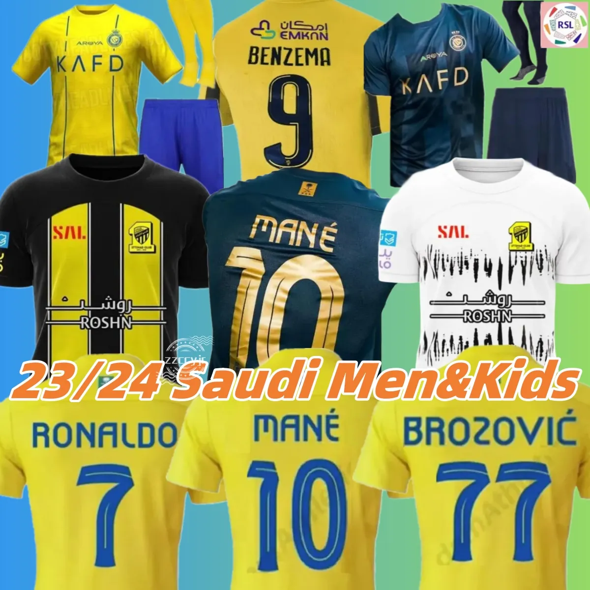 23 24 Al Nassr FC Soccer Jerseys Ronaldo Brozovic Mane Cr7 Gonzalo Martinez Talisca 2023 2024 Ittihad Benzema Football Shirts Saudi Arabia Kante Men Kids Kit