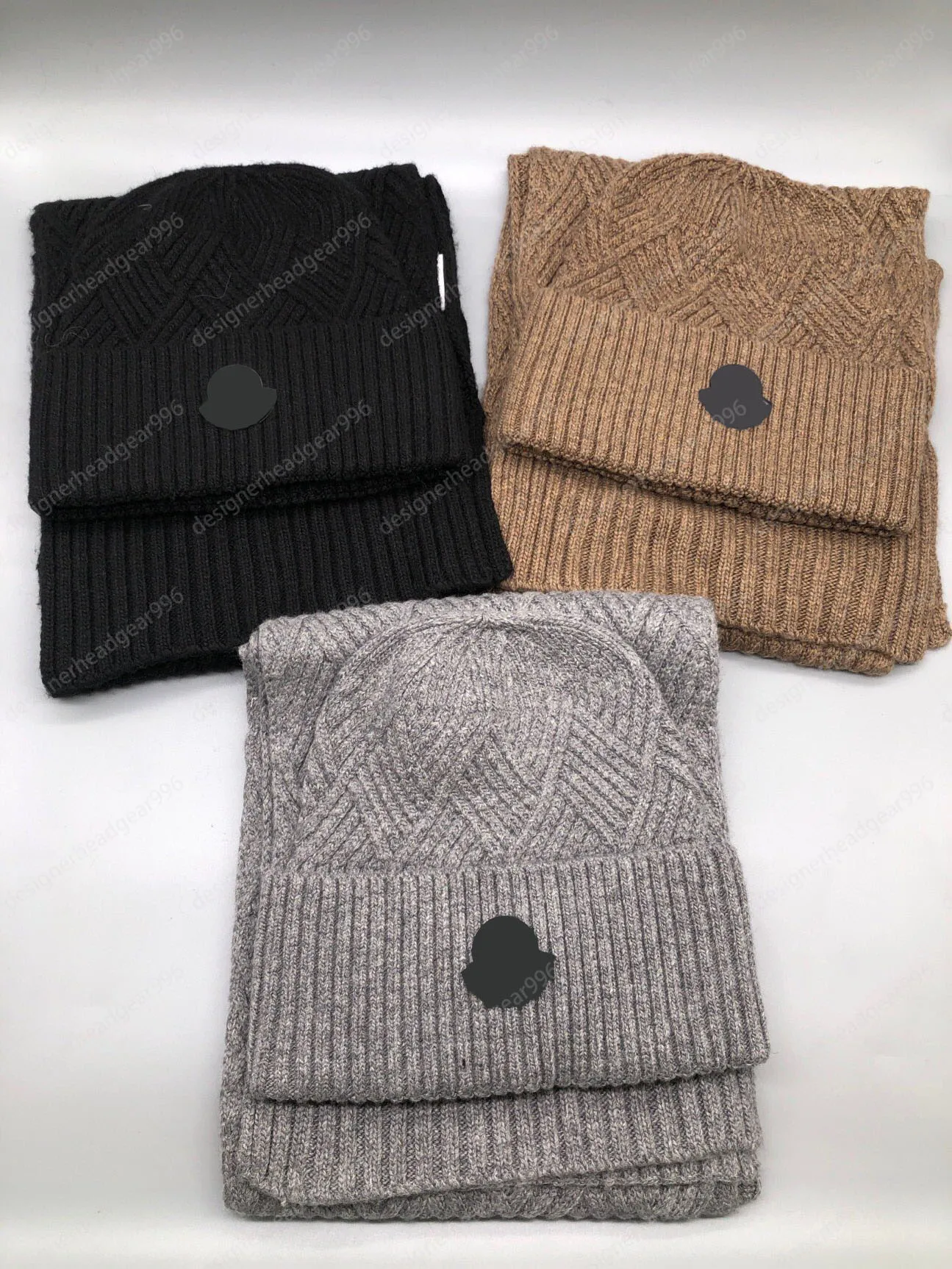 Muts en sjaal Set Designer Wraps Heren Dames Sjaal Winterwarmte Beanie Design Zuivere wol Twill Gebreid Patroon Neutraal Topkwaliteit Zachte muts Dames Herensjaal