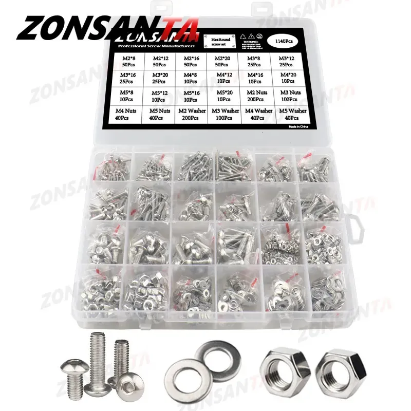 Verktygsdelar M2 M2.5 M3 M4 M5 304 Rostfritt stål Skruv Allen Hexagon Hex Socket -knapp Rund PAN -huvud Skruvar Bultmutterbricka Set Box Kit 230928