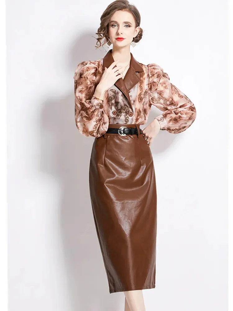 Elegant Skirt Set: Faux Leather Patchwork Long Sleeve Blouse And
