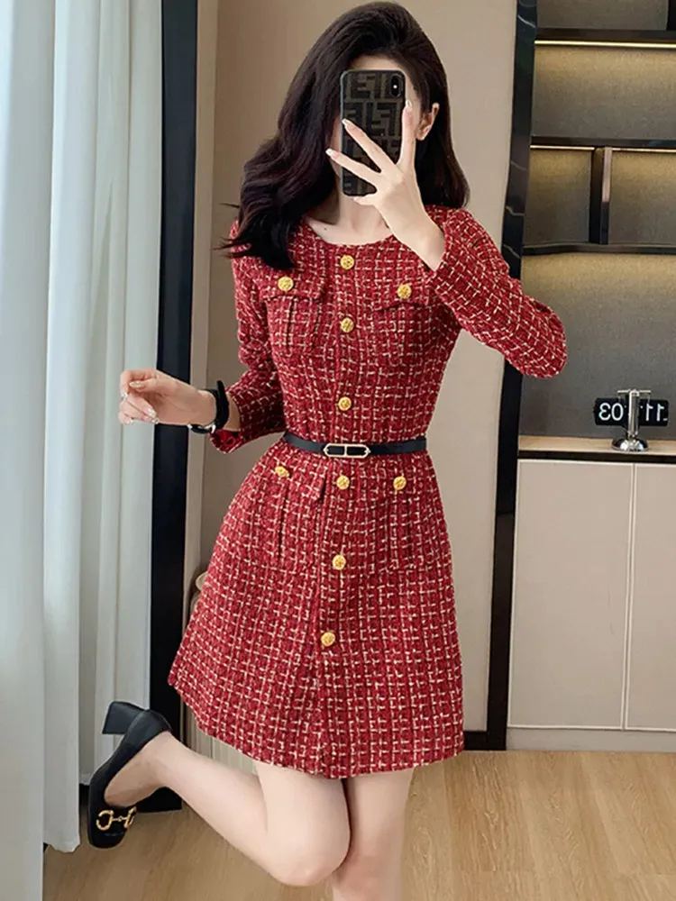 Otoño Invierno Vestido Cuadros Manga Larga Vestido De Punto Con