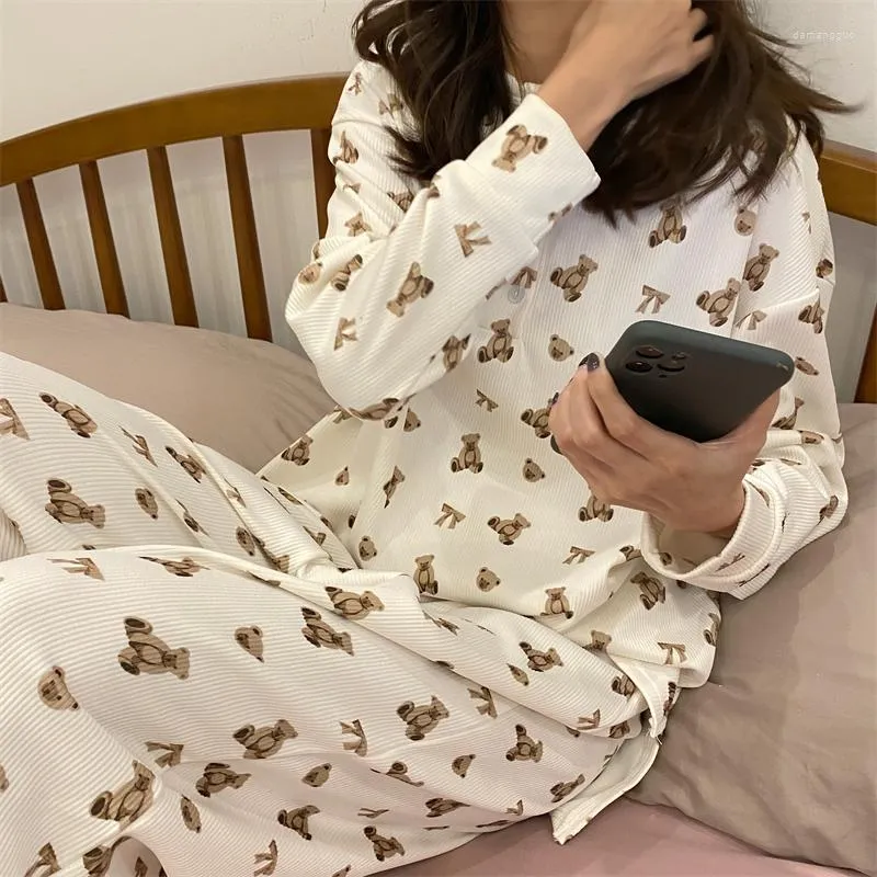 Kawaii Cotton Sleepwear For Women Set With Bow Tie Bear Cartoon