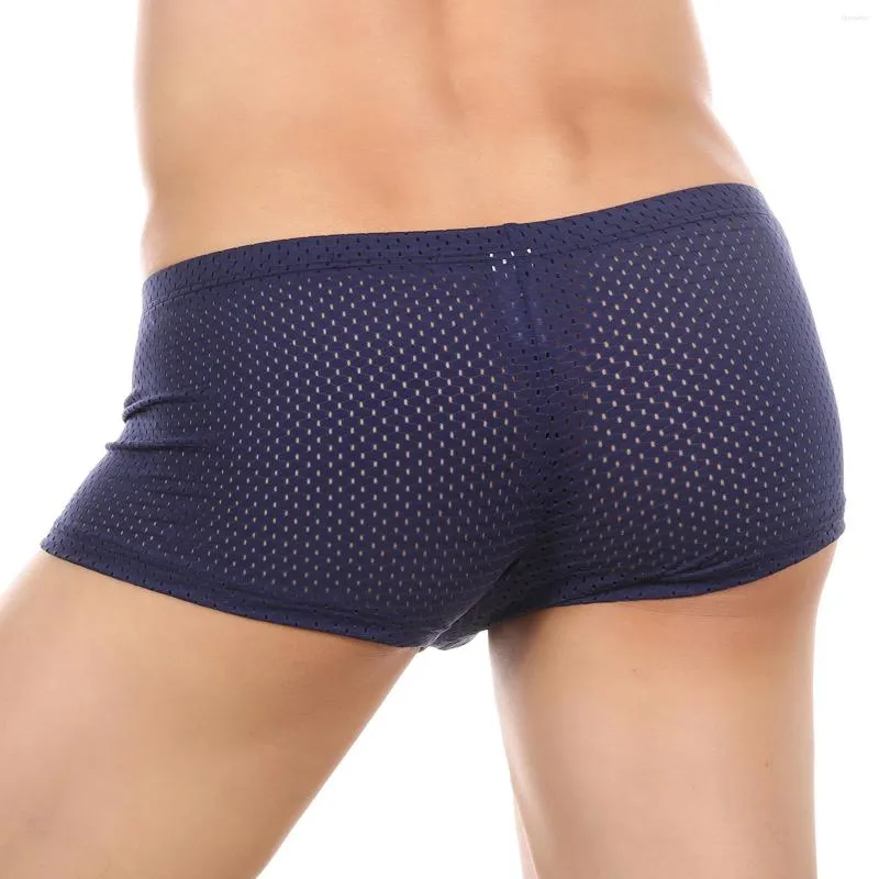 Cuecas marca sexy homens roupa interior malha sheer boxer shorts pênis bolsa lingerie oco ver através masculino calcinha boxershorts