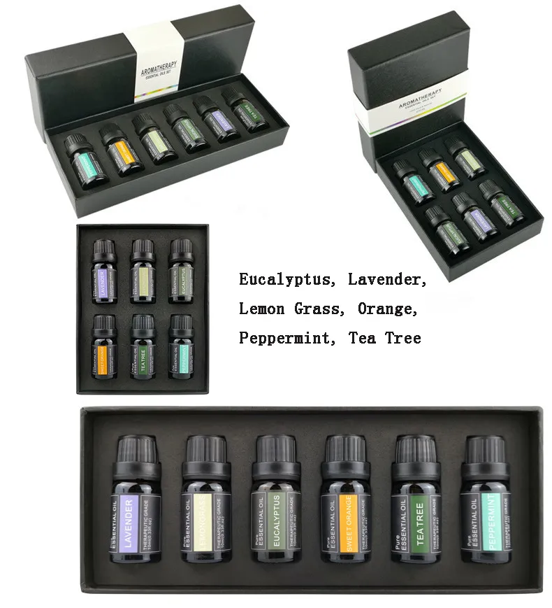 Oli essenziali di PURE AROMA Kit oli puri al 100% - Set regalo dei 6 migliori oli per aromaterapia - Confezione da 6, 10 ml (eucal yptus, lavanda, citronella, arancia, menta piperita, melaleuca)