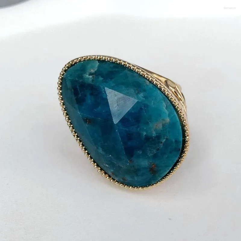 Cluster-Ringe KKGEM vergoldeter natürlicher 23 x 32 mm blauer Apatit-Stein-Ring für Frauen, Freundin, Geschenk