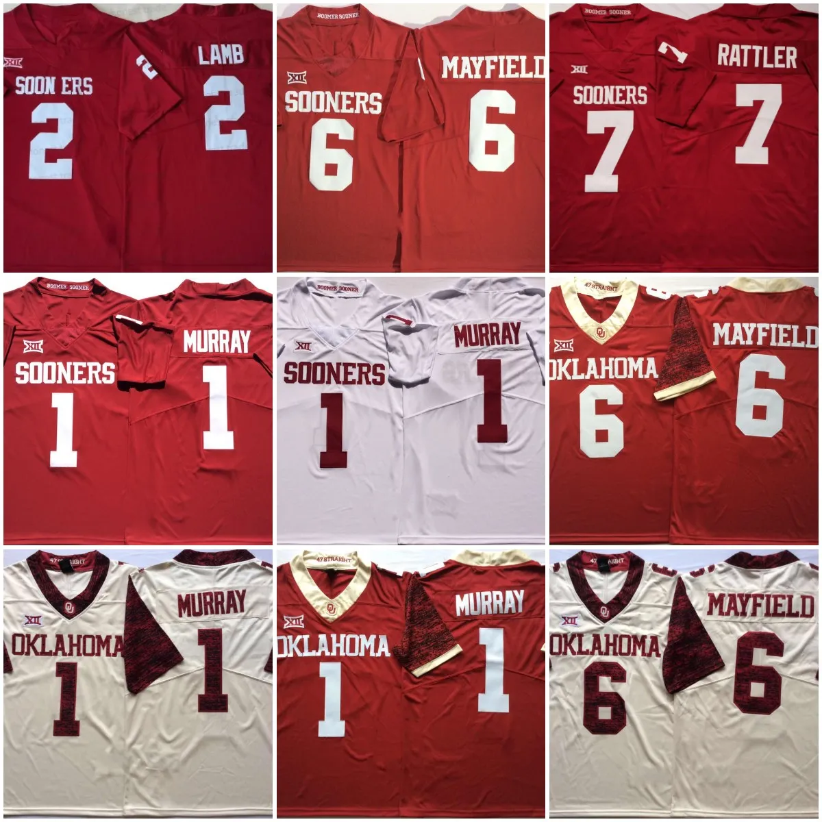 College 6 Baker Mayfield 1 Kyler Murray Football Jersey 2 CeeDee Lamb 7 Spencer Rattler Football White Red Cream Mens Jerseys All Stitched