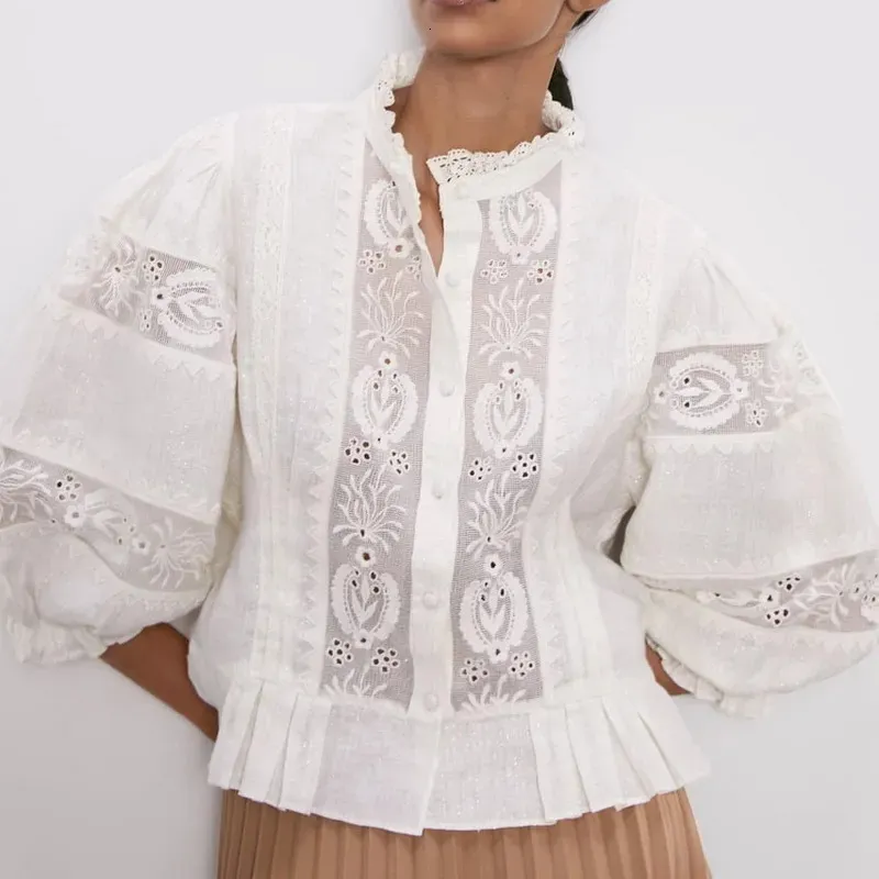 Blusas femininas camisas elegantes mulheres blusa bordado camisa outono moda oca out lace patchwork listrado moderno senhora curto tops 230928