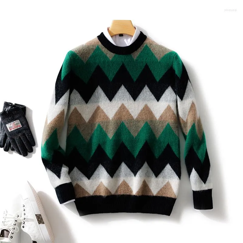 Мужские свитера из мериносовой шерсти, мягкий свитер с круглым вырезом, полосатый пуловер, контрастный повседневный вязаный джемпер, утепленный осенне-зимний свободный топ