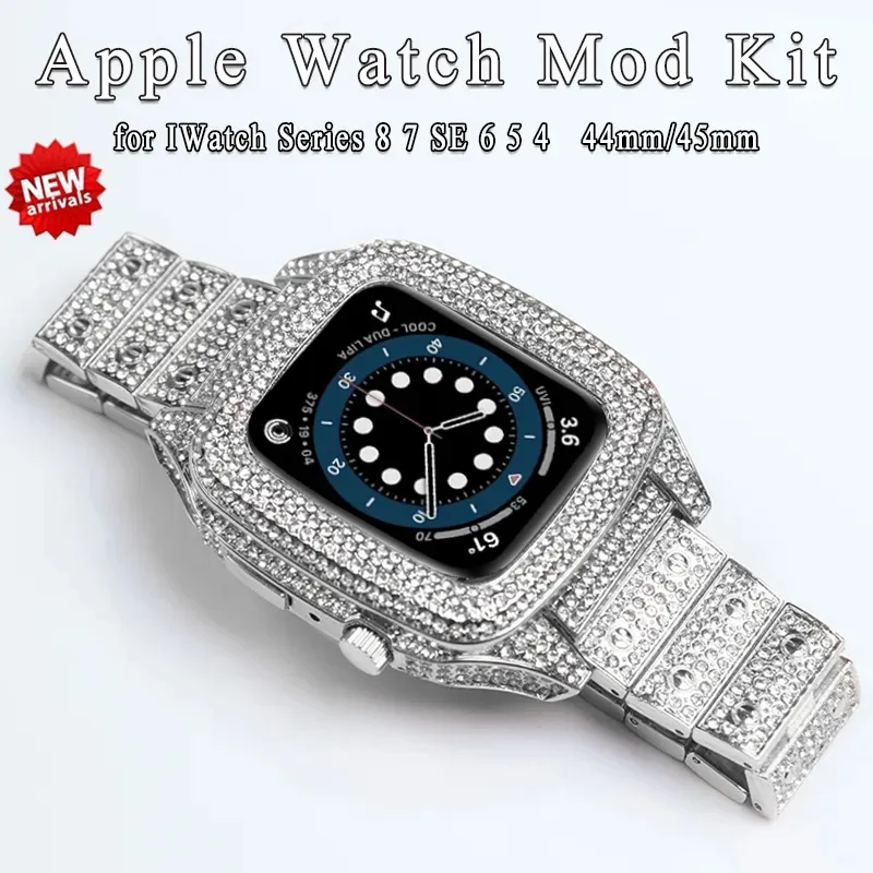 Luxe Volledige Diamond Modificatie Kit voor Apple Watch 9 8 7 45mm Roestvrij Stalen Metalen Kast Band iWatch S9 45mm Fonkelende Band
