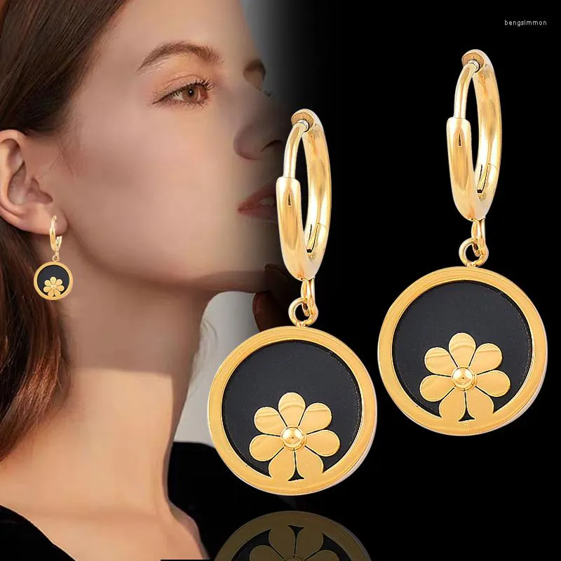 Dangle Earrings LEEKER Stainless Steel Black Acrylic Gold Color Flowers Hoop For Women Fashion Jewelry Accessories Gift