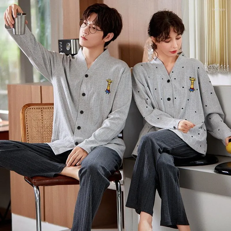 Vêtements de nuit pour hommes Couple Automne Coton Pyjamas Hommes et Femmes Correspondant Cardigan De Mode Coréenne Vêtements À La Maison Pijamas Feminino Hombre