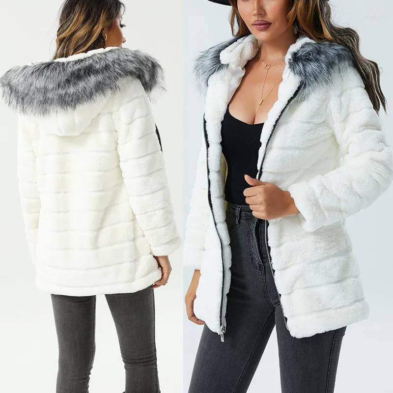 Manteau d'hiver en Faux fourrure pour femme, mi-long, à capuche, épais, col ajusté, à la mode