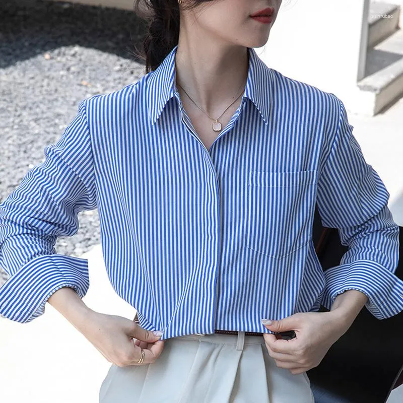 Blusas femininas azul branco listrado botão até camisa feminina 2023 outono casual manga longa turn-down colarinho camisas senhora do escritório trabalho de negócios