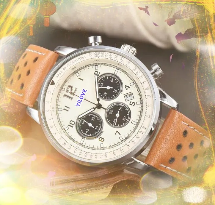 Montre chronographe pour homme à grand cadran, jour, date, bracelet classique, six aiguilles, batterie, horloge à quartz, chronomètre lumineux, trou, bracelet en cuir, montre-bracelet de luxe, cadeaux
