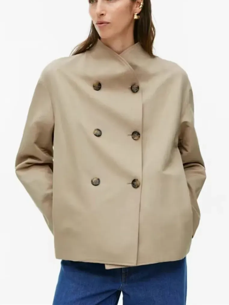 Kadın trençkotları sonbahar kış haki standı yaka çifte kırılmış ceket bayan pamuk keten karışımı moda kısa ceket 230928