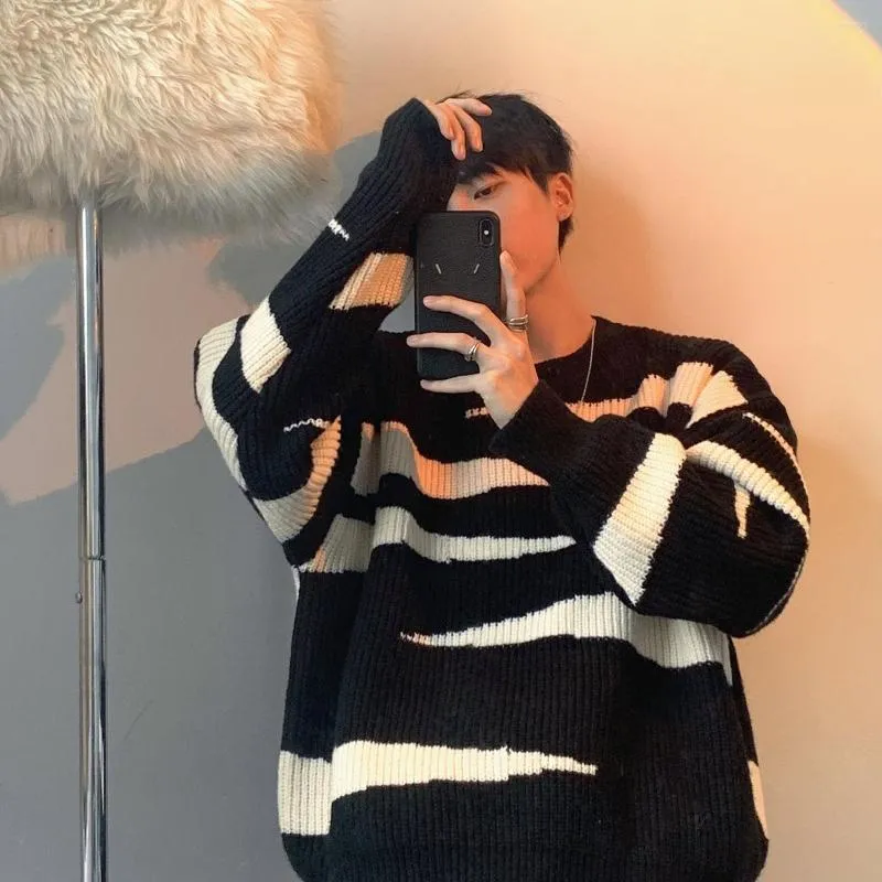 Männer Pullover Kleidung Hals Pullover Kleidung Unregelmäßigen Streifen Winter Koreanische Schwarzweiß Mosaik Passenden Runde Kragen Wärme Das Büro