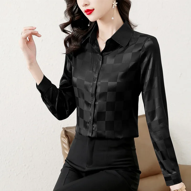 Quality Silk Satin Plaid Black Blouses Long Sleeve Women Designer Jacquard Elegant Shirt 2023 Autumn Winter Office Lady Runway Lapel Button Shirts Plus Size Tops