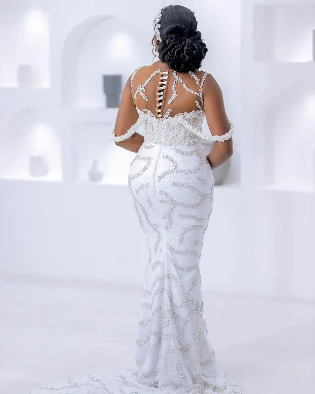 2023 Oct Arabic Aso Ebi Plus Size Mermaid White Wedding Dress Crystals Pearls Luxurious Bridal Gowns Dresses ZJ54