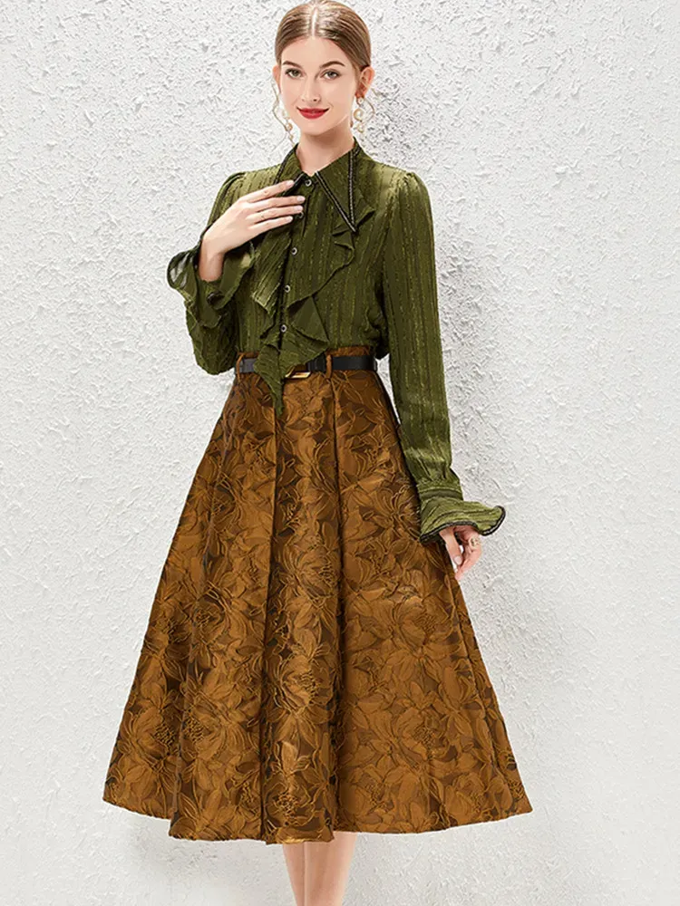 Tweedelige jurk Franse lichte luxe retro herfst ruches blouse Tweedelige set Dames Celebrity Design Jacquard Elegante lange roksets 2024