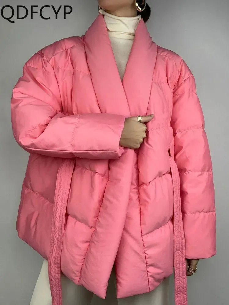 Piel para mujer Faux Otoño Invierno Abrigo Sweet High Street Pink Laceup Abrigos de algodón Elegante Suelto Espesado Cálido Parkas versátiles 230928