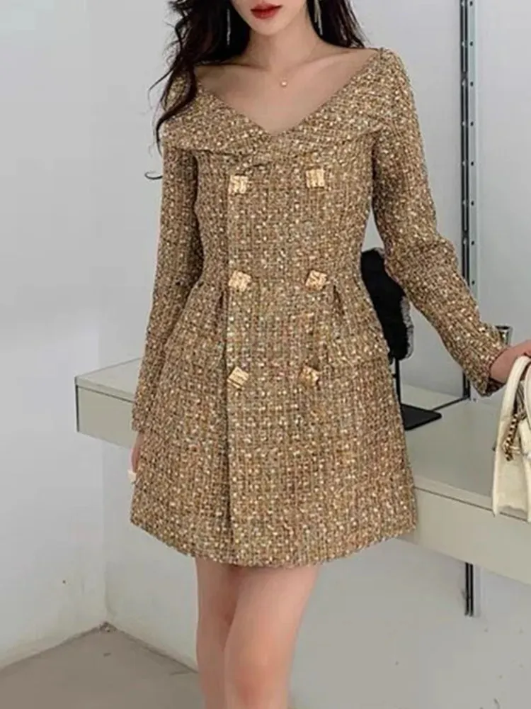 Basic Casual Dresses New Golden Sexy Off Shoulder Long Sleeved High Quality Super Beautiful Tweed Dress Women's Double Breasted Woolen Short Dress 2024