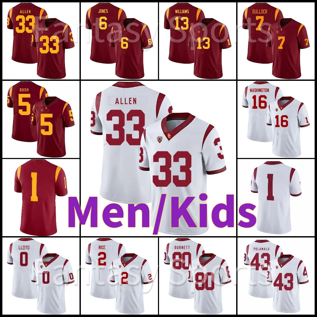 13 Caleb Williams USC Trojans Football Jersey 33 Marcus Allen 5 Reggie Bush Troy Polamalu OJ Simpson Ronnie Lott Mens College Football Jerseys Custom Men Kids