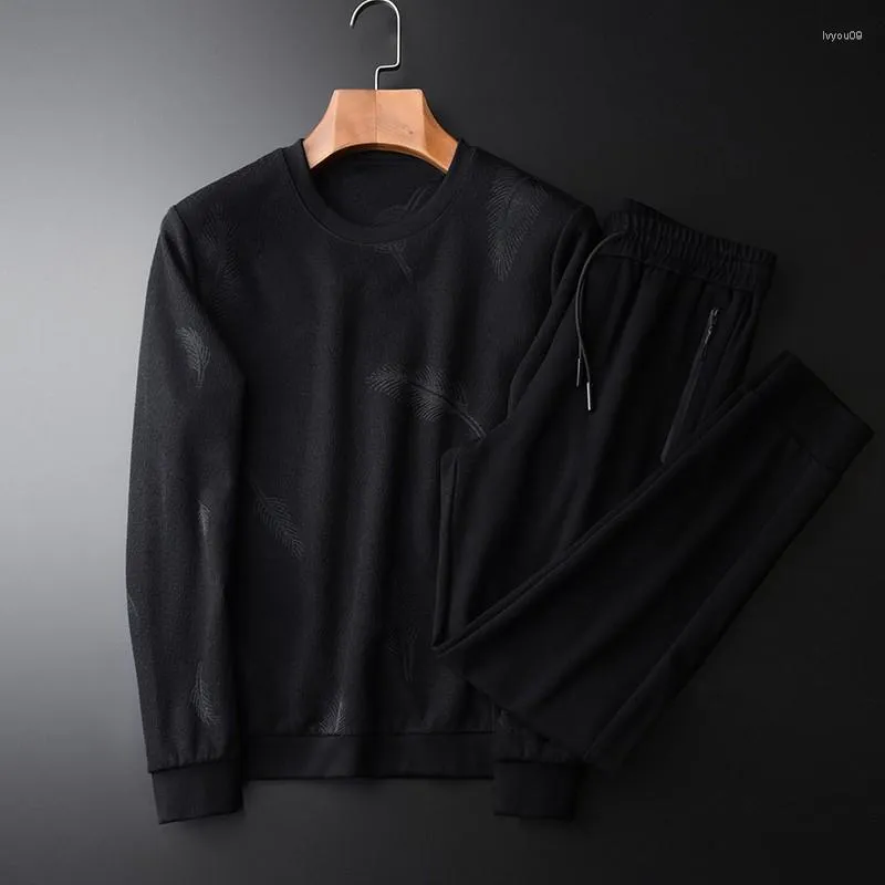 Herrspåriga höstens mensuppsättningar (Sweatshirt Pants) Luxury Jacquard Casual Sports Black Male Suits Fashion Slim Fit Hoodies 4xl