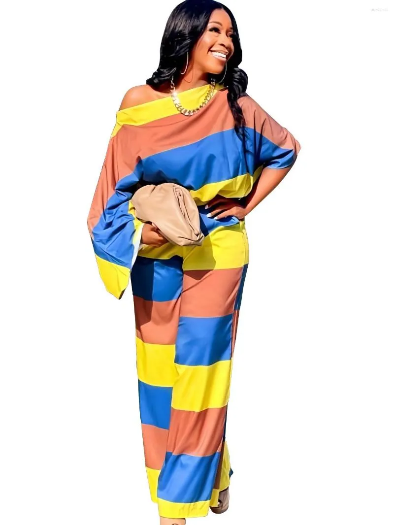 女性の2ピースパンツSzkzkカラーブロックセット斜めの襟シャツとワイドレッグロングルーズカジュアルホリデーパーティーの衣装