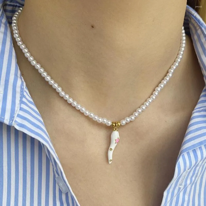 Collane con pendente Bianco rivolto verso il cielo Pepe Stella Collana di perle imitazione per donna Collare Chiusura in acciaio inossidabile Colore oro Shopping gratuito