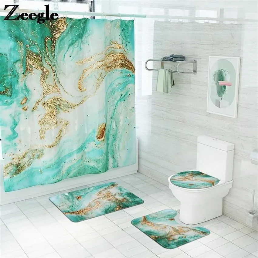 Abstract Bathroom Mat and Shower Curtain Set Home Decoration U-Shaped Toilet Rug Microfiber Toilet Carpet Seat Cover Mat307S