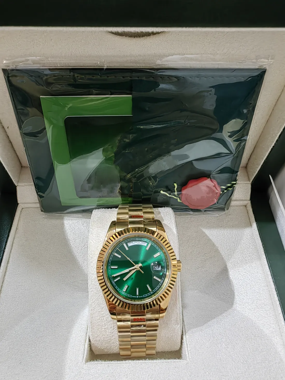 Origineel Box Certificate 18K Gold President Male Watches Day Date Green Dial Watch Men Roestvrije bezel Automatische polshorloge 2024