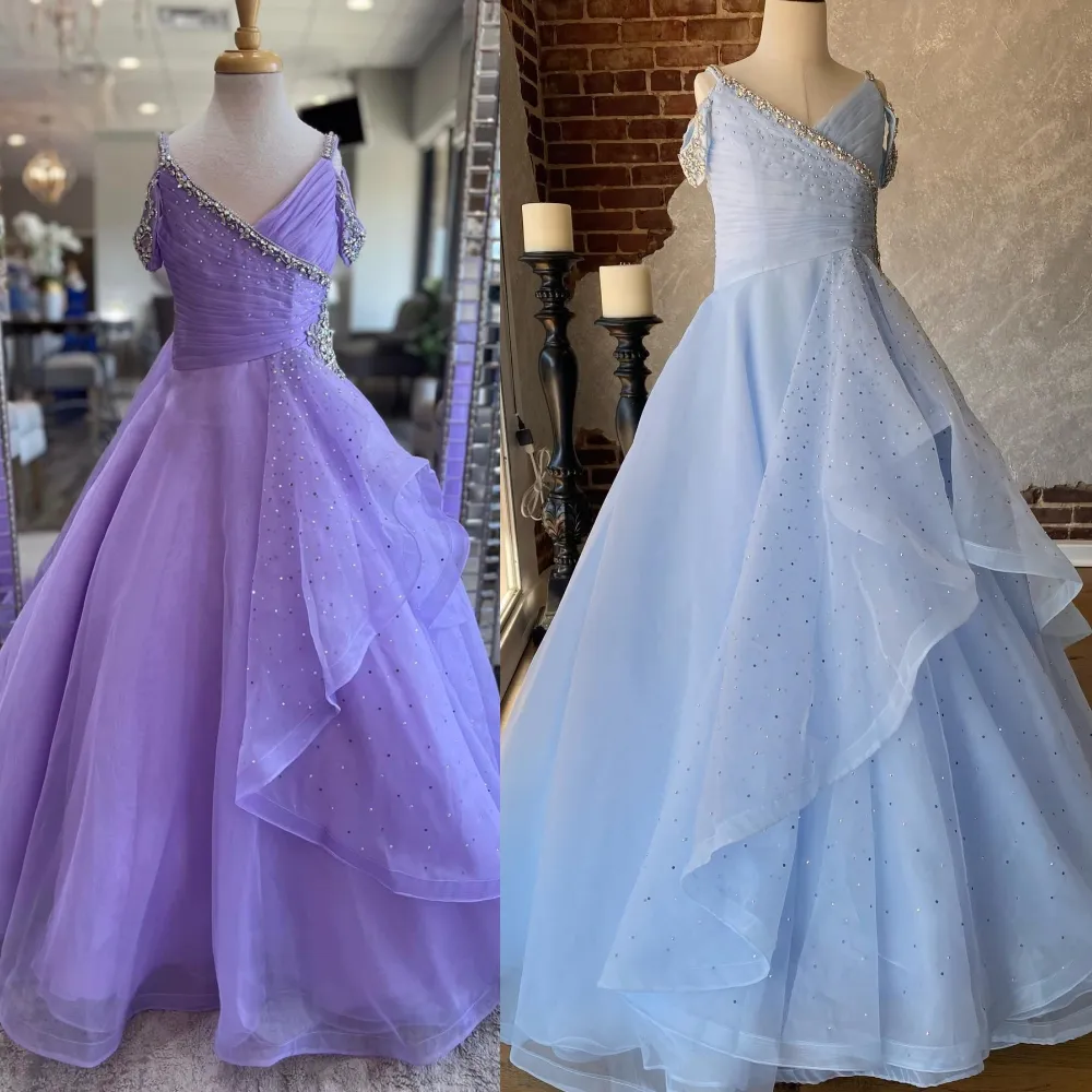 Light Purple Girl Pageant Dress 2024 Crystals Straps Organza Little Kid Birthday Formal Cocktail Party Gown Infant Toddler Teens Preteen Tiny Young Junior Miss Blue