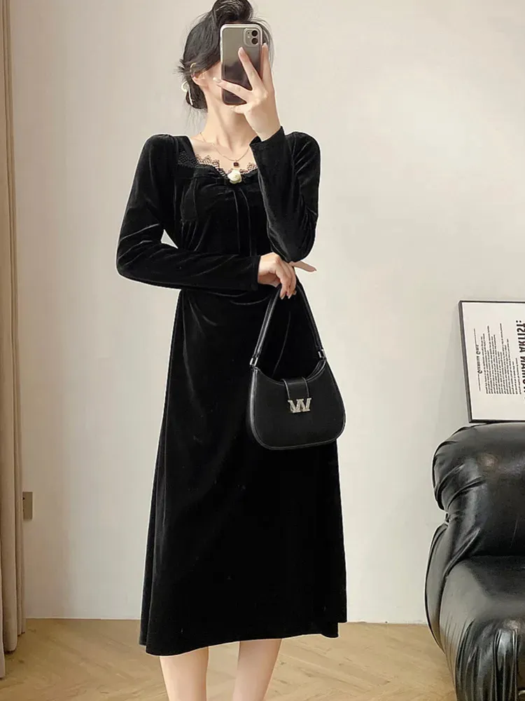 Black Velvet A Line Dress With Lace Trim And Square... From Julia_dress,  $43.7 In Bulk | DHgate.Com
