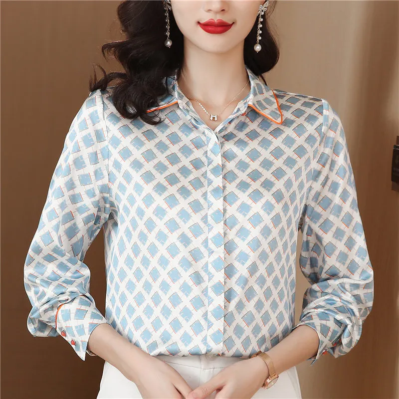 Designer de luxe classique Satin Plaid Blouses femmes soie revers boutonné chemises graphiques 2023 automne hiver bureau dames élégantes et jeunes Blouses grande taille hauts