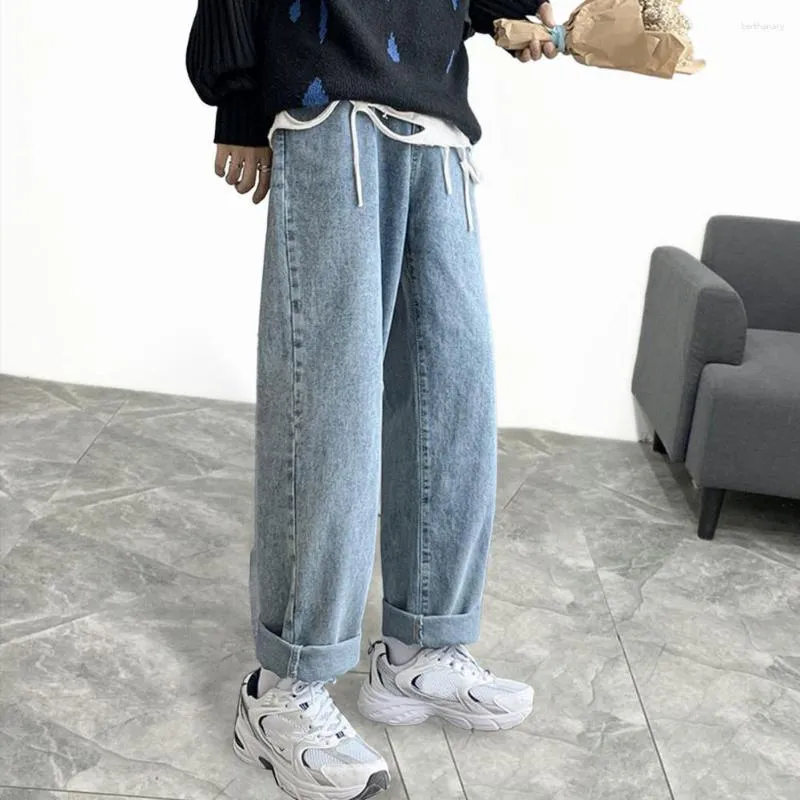 Mäns jeans Loose Straight Fit Wide Leg Men Mid-Rise Button dragkedja fickor Casual Denim Trousers Blue Streetwear