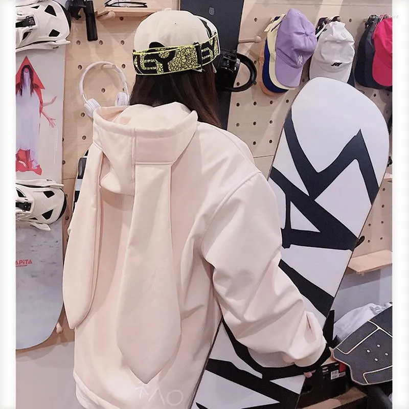 Women s Hoodies Women Waterproof Windproof Ski Snowboarding Hoodie Cute Pink Ears Fleece Hooded Outdoor Snowboard Jacket Sports