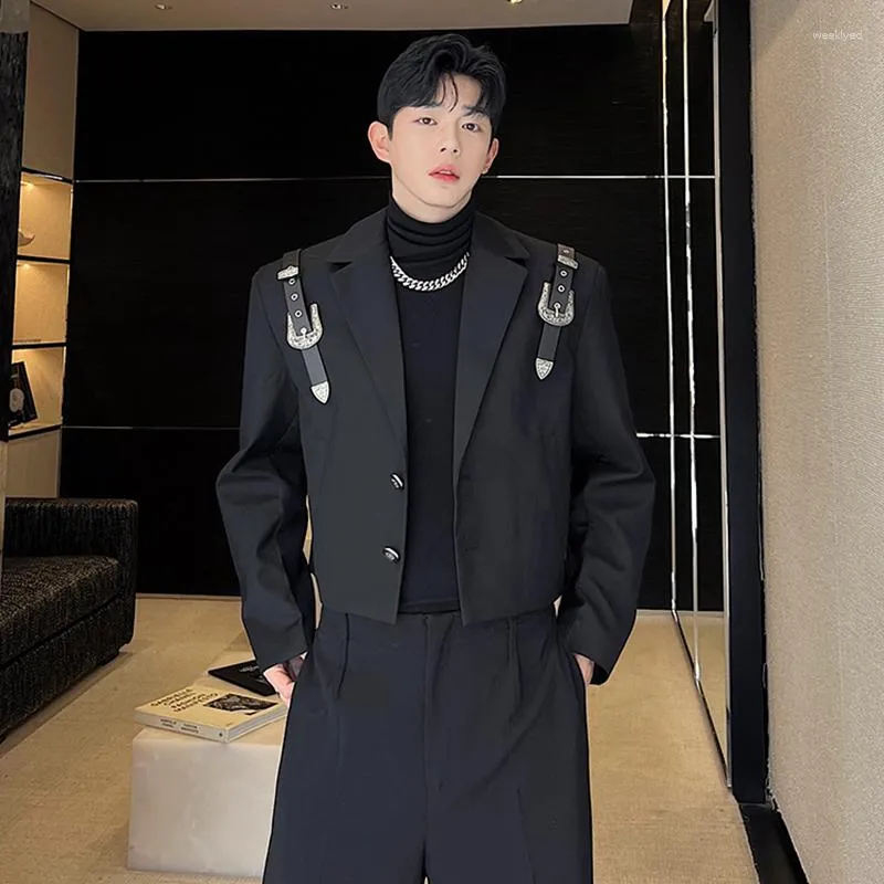 Ternos masculinos syuhgfa elgance terno casaco fivela de metal alça de couro nicho design curto estilo coreano blazers moda outono topos