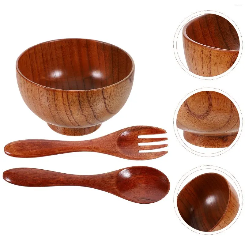 Piatti 1 set di ciotole in legno naturale con cucchiaio, forchetta, per servire insalata leggera