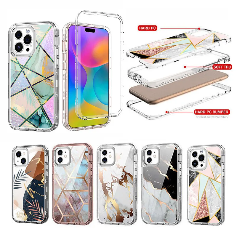 For Iphone 15 13 11 12 14 Pro Max XR 6 7 8Plus Cell Phone Cases 3in1 Marble Heavy Duty Shockproof Protection Cover Compatible with Samsung S23 S21 FE S22 Plus Note 20 Ultra