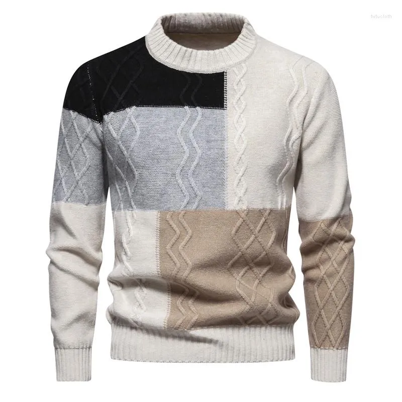 メンズセーター秋と冬のトレンドファッションカラーブロックニットセーターオロールマッチングツイストフラワー